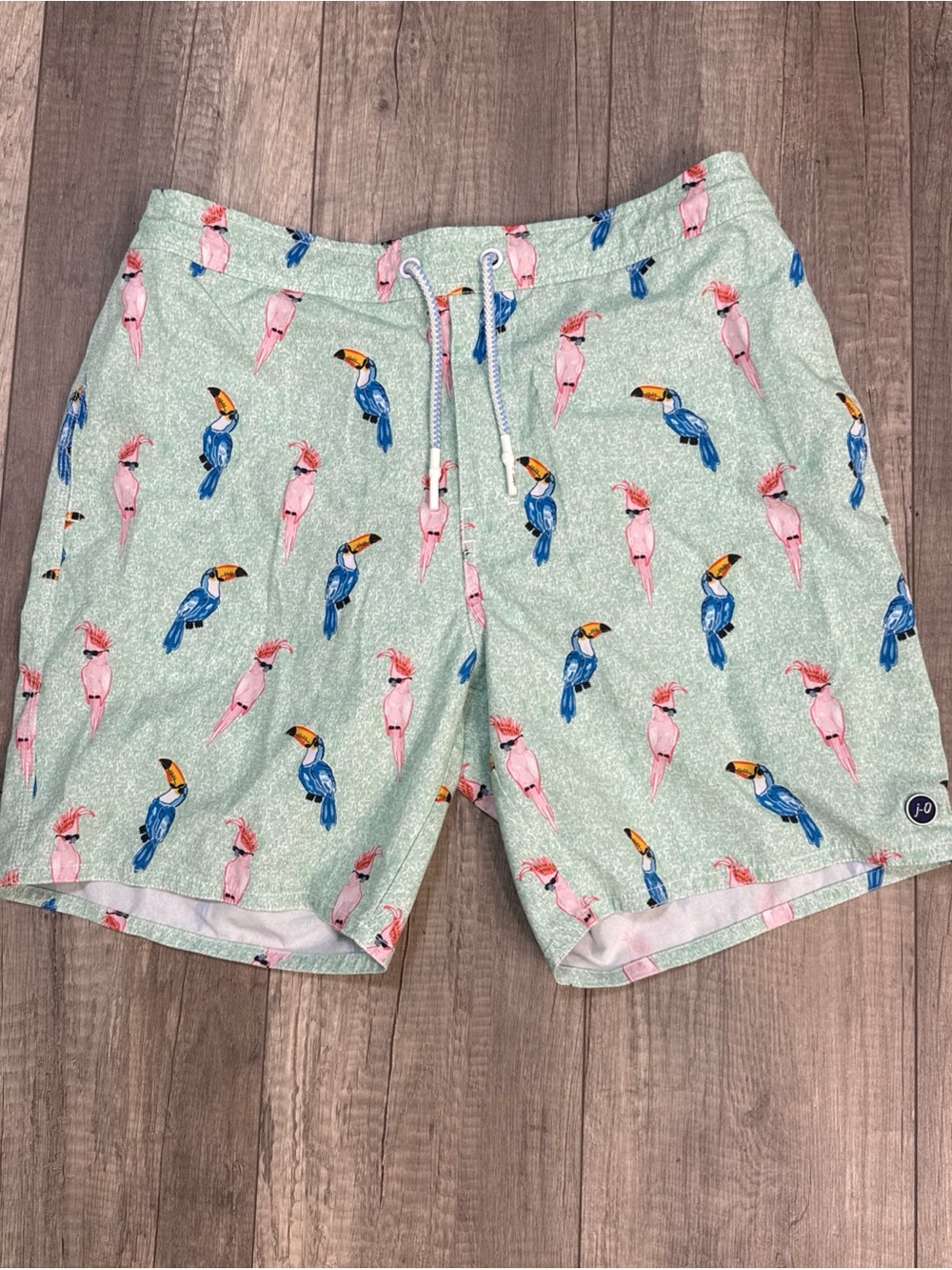 johnnie-O Mint Swim Board Shorts with Pink and Blue Parrot Print